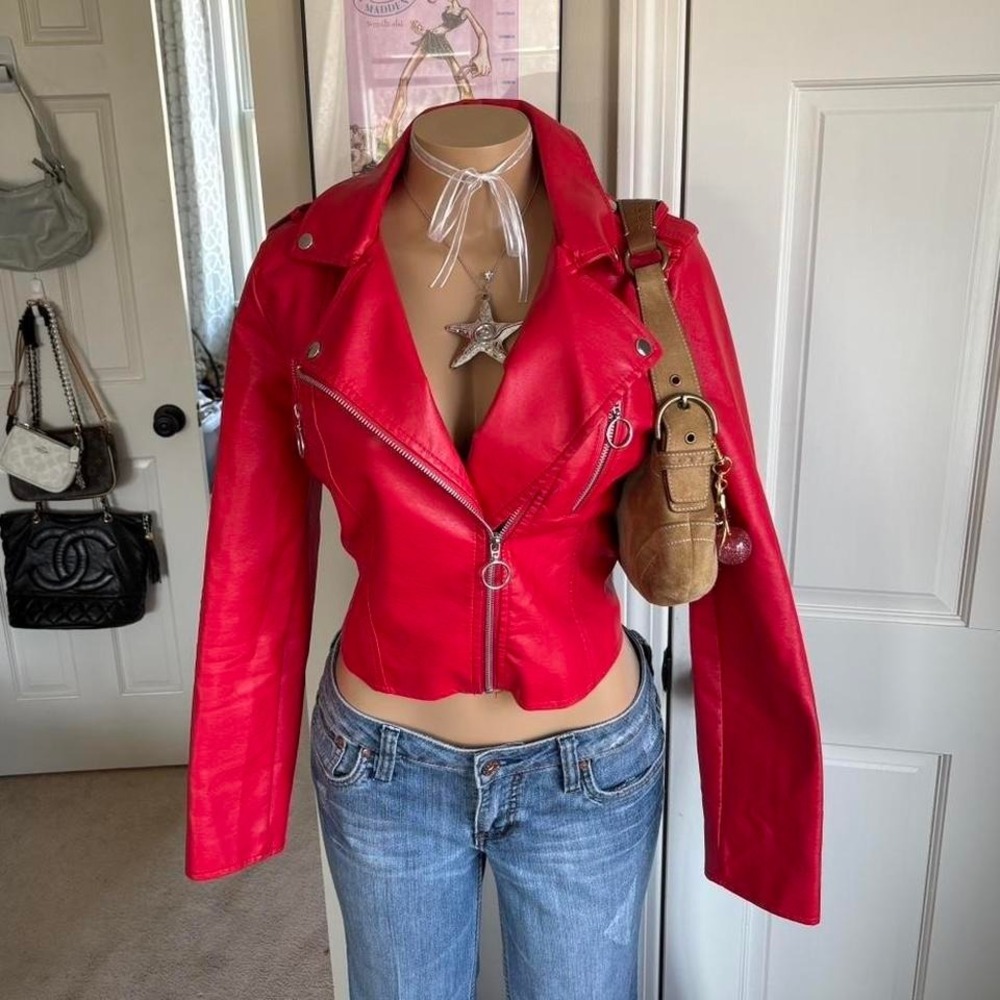 Y2K 2000s romantic faux Red Leather moto asymmetrical zip Jacket